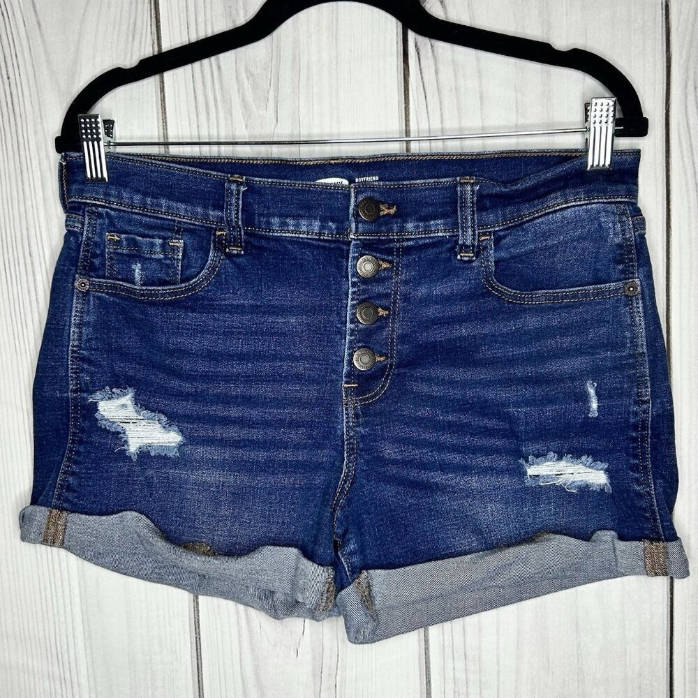 Old Navy 3" Shorts Sz 10 Blue Mid Rise Boyfriend Button Fly Cuffed Distressed